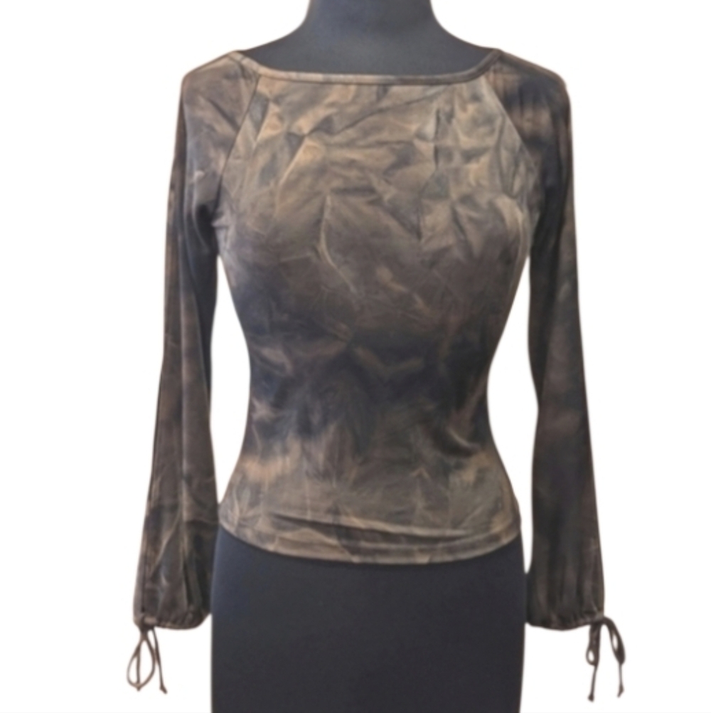 Vintage Y2K Next To Love Medium Brown Bohemian Top Split Sleeve Stretch 2000s